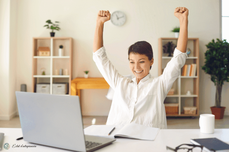 Entrepreneur enthousiaste levant les bras devant un ordinateur portable, illustrant la réussite grâce à une meilleure planification des appels d’équipe et une autonomie accrue